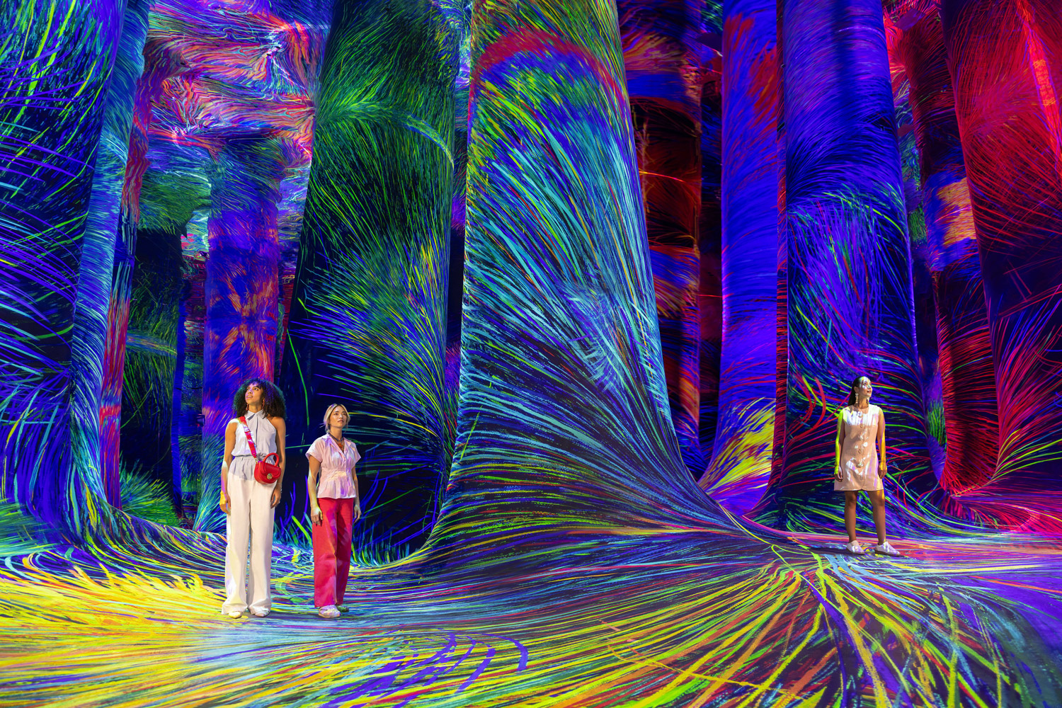 Three women standing on a floor with a bag, trees in the background. Saadiyat Island landmarks and activities