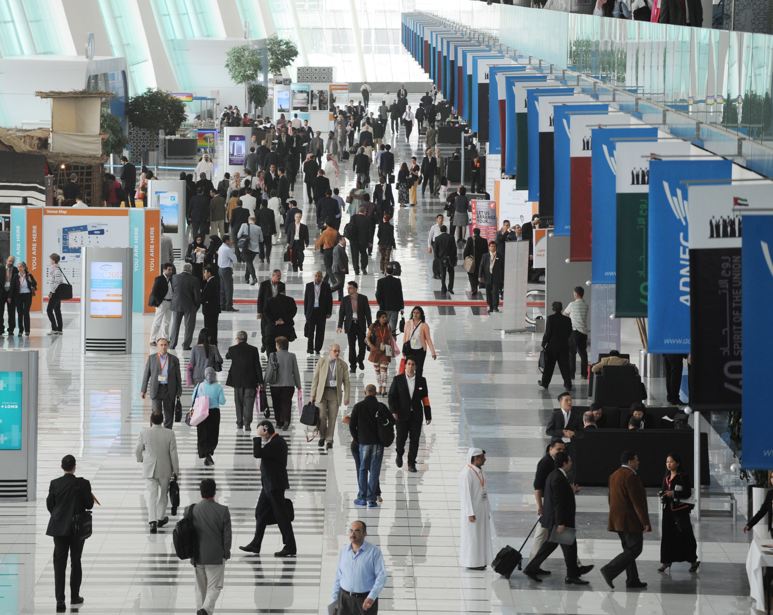 Bird's eye view of attendees at a conference centre hosting a business event in Abu Dhabi