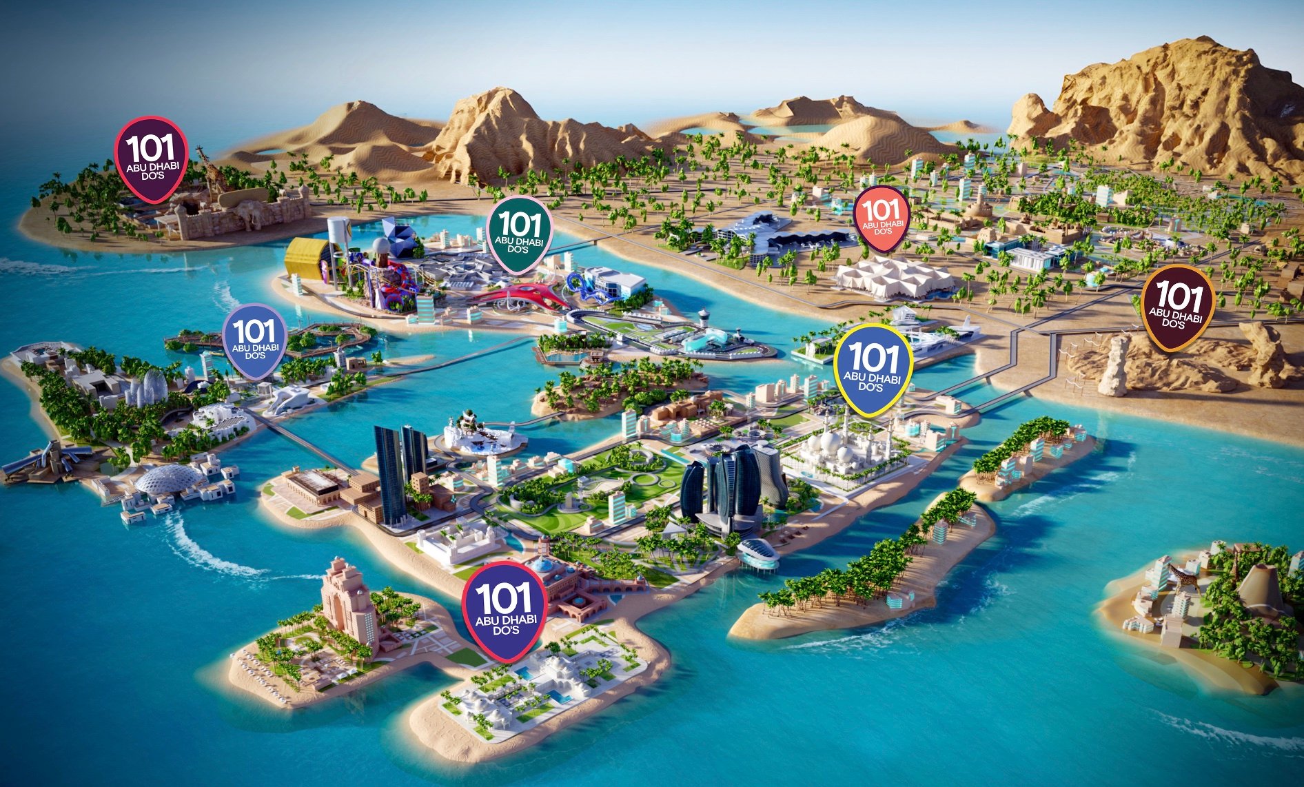 Abu Dhabi animated map with 101 things to do icons