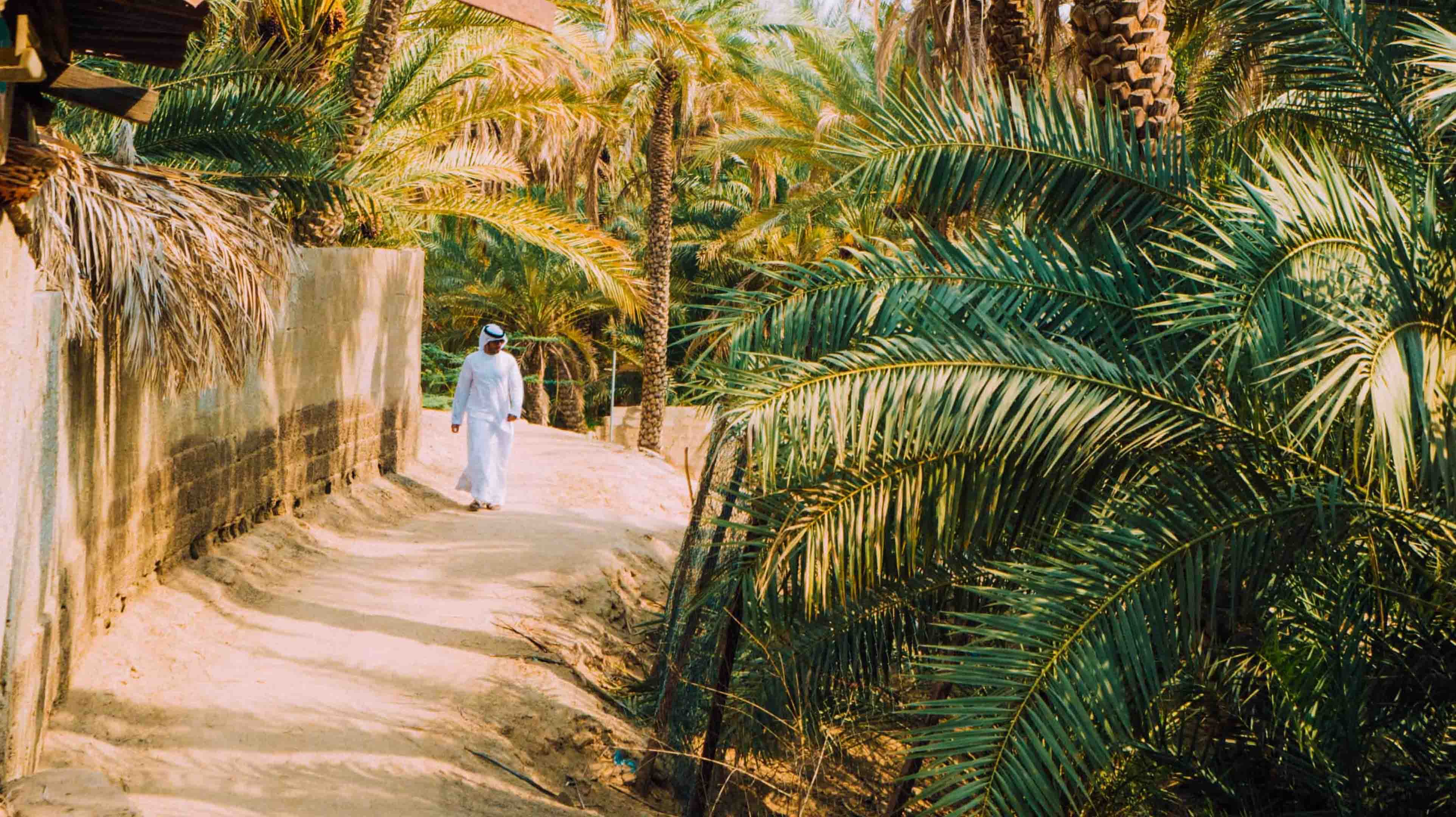 Emirati man walking outside the walls of a traditional farm in Al Ain Oasis