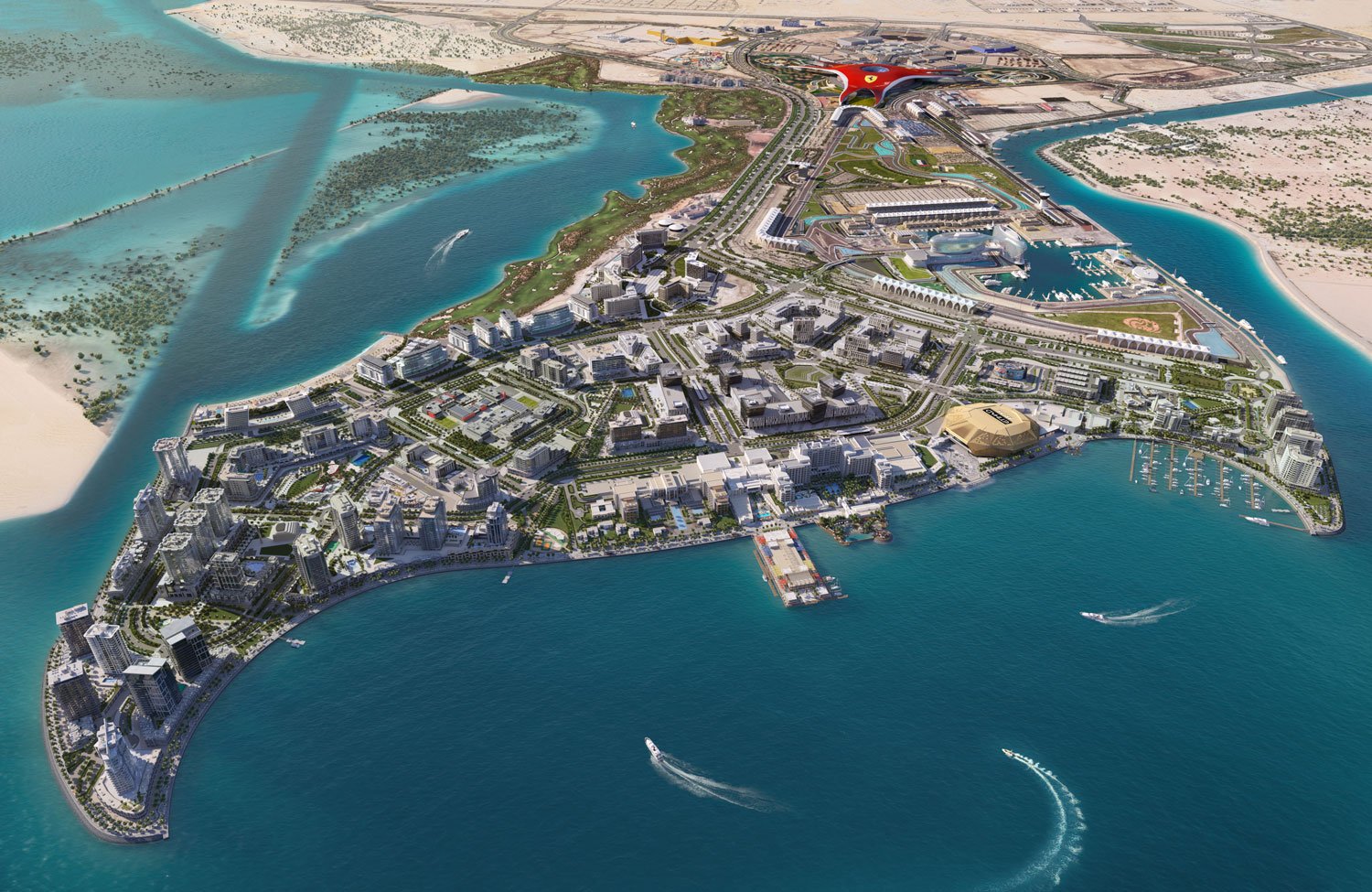 Aerial view of Yas Island in Abu Dhabi showcasing landmarks and turquoise waters.