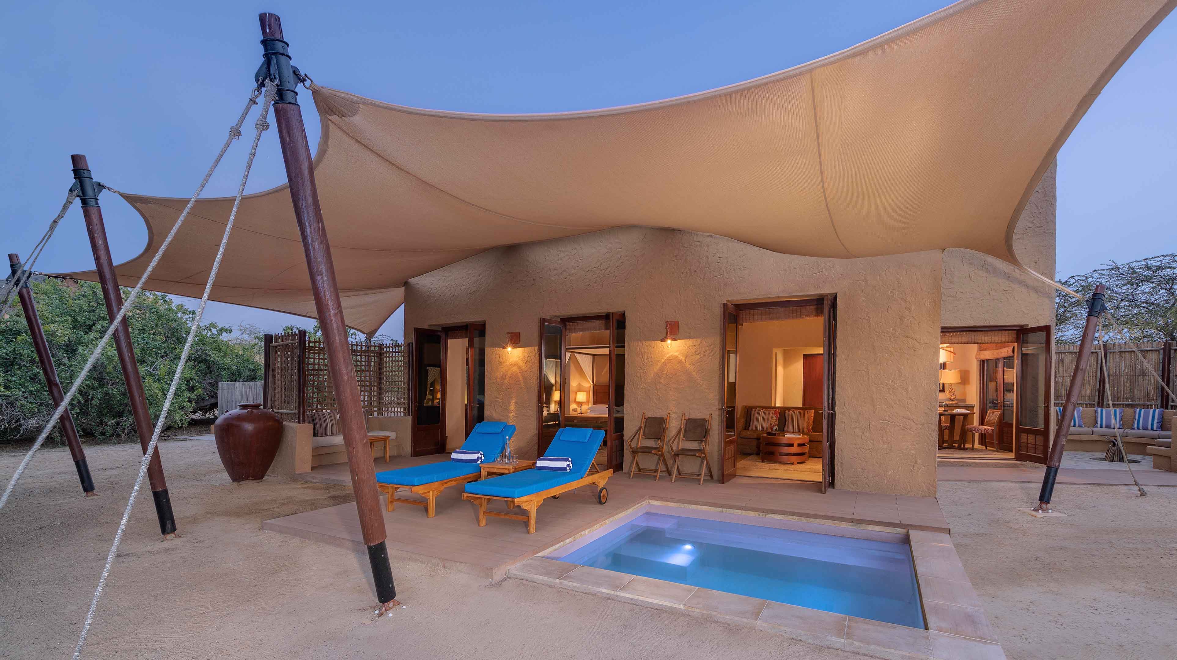 Two blue sunbeds beside a pool outside a glamping site in Arabian Wildlife Park